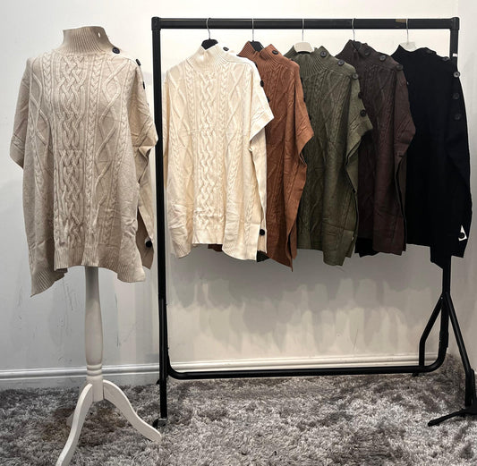 Cable Knit Button Poncho- Paris Collection