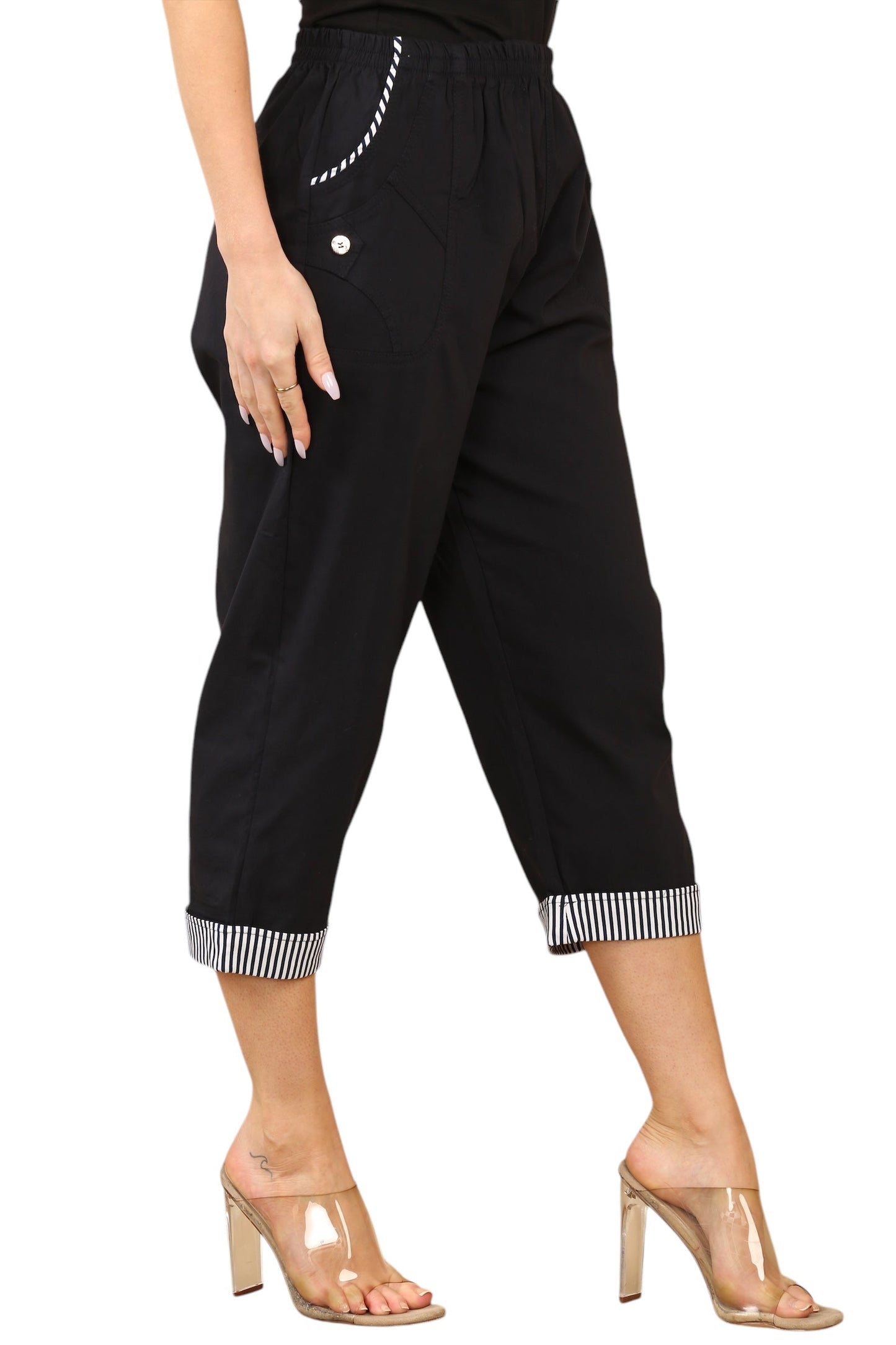 Pin stripe trim on pocket and on trouser leg cuff