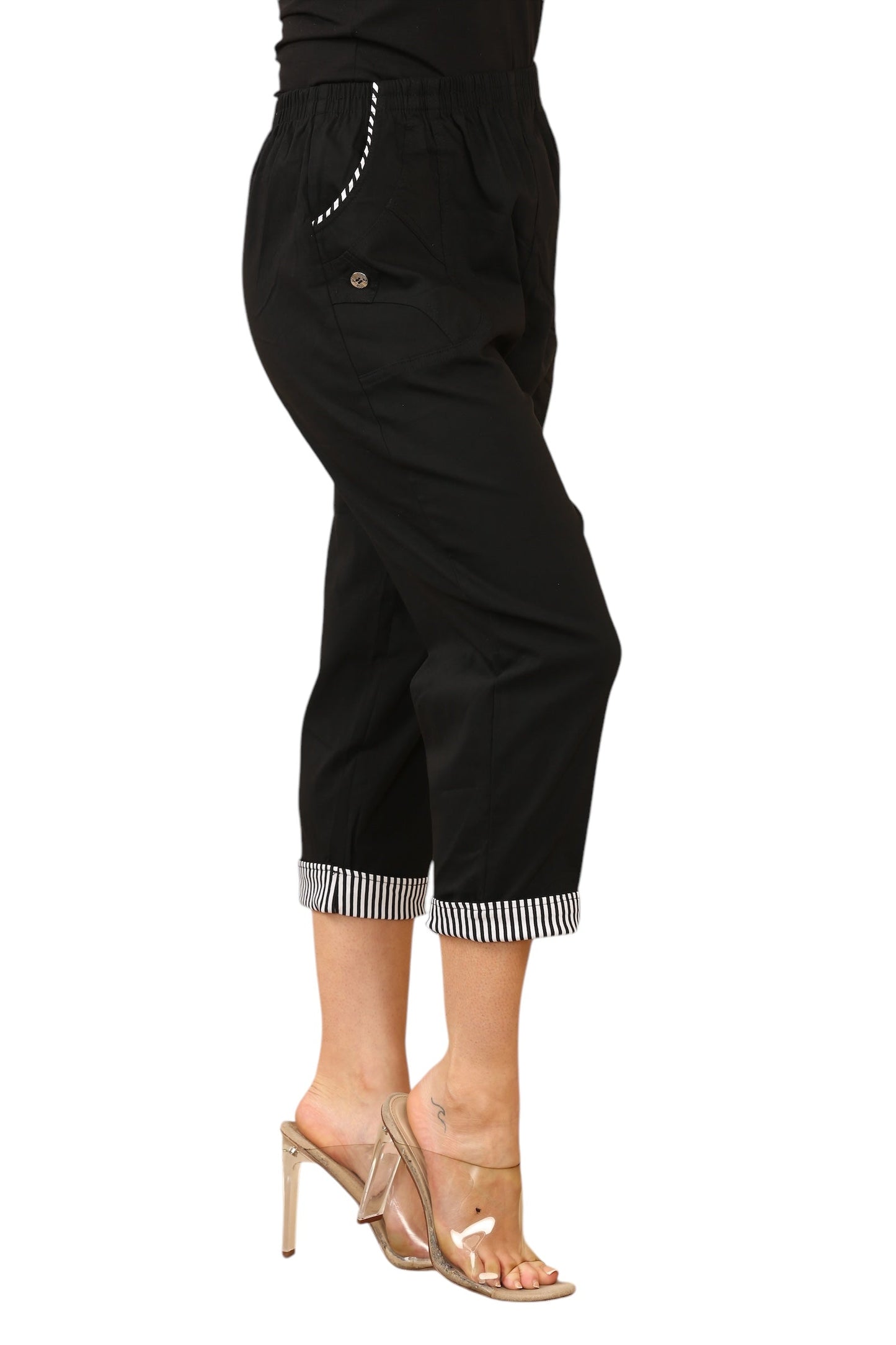 Pin stripe trim on pocket and on trouser leg cuff