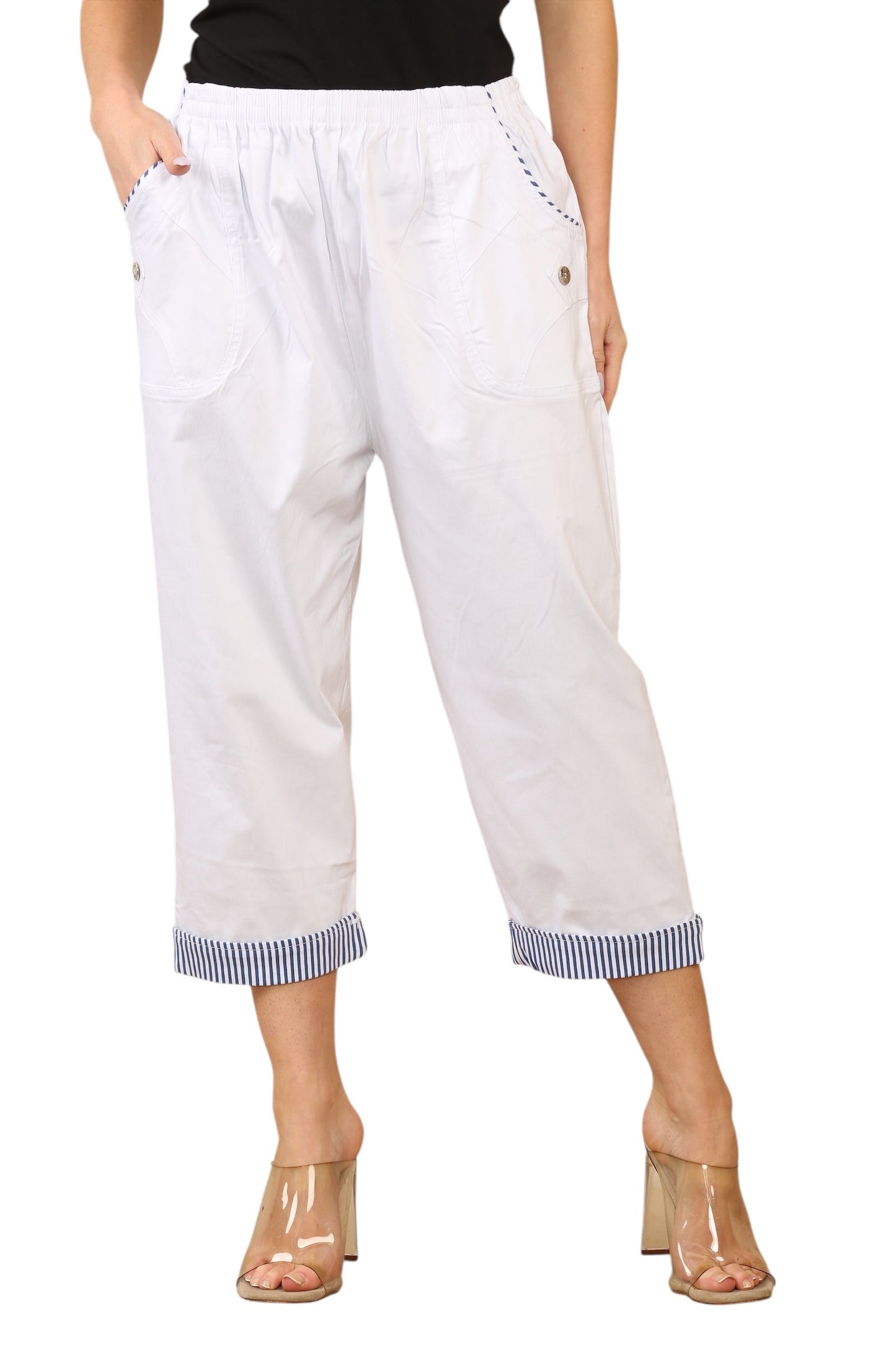 Pin stripe trim on pocket and on trouser leg cuff