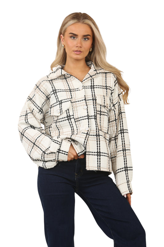 Women's Junior Cropped Boxy Fit Plaid Shacket Jacket