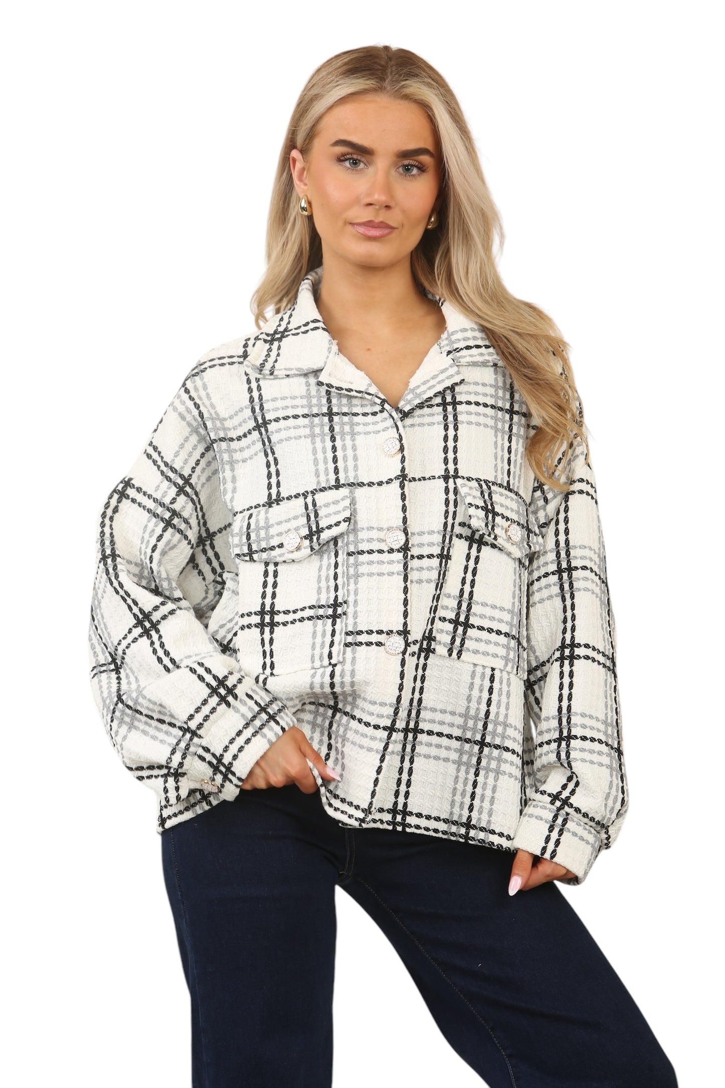 Women's Junior Cropped Boxy Fit Plaid Shacket Jacket