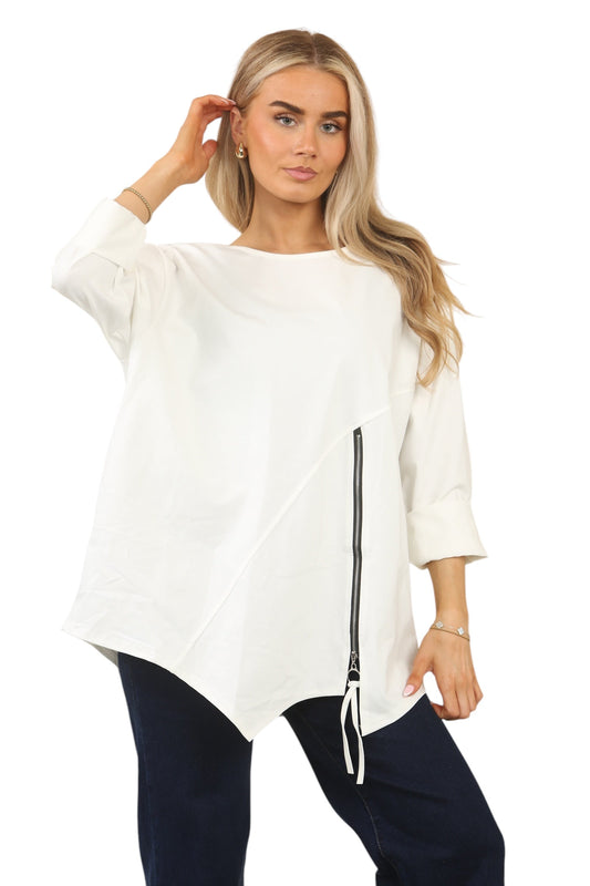 Plus Size Solid Color Round Neck Zip-Up Casual Versatile Long Sleeve T-Shirt