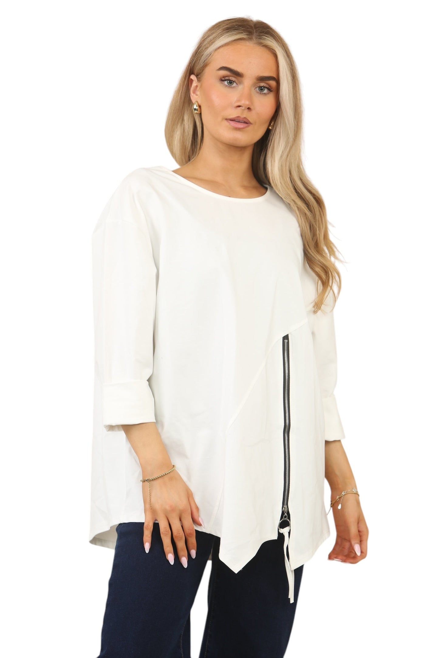Plus Size Solid Color Round Neck Zip-Up Casual Versatile Long Sleeve T-Shirt