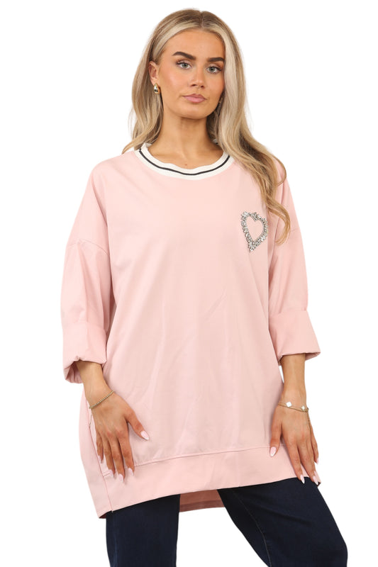 Contrast cotton sweatshirt with left side Beautiful Heart