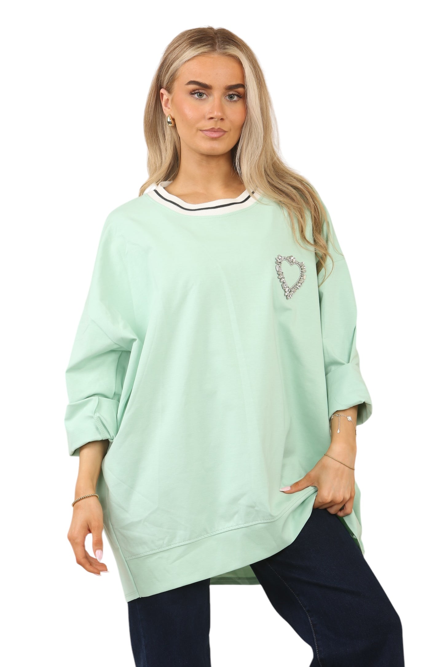 Contrast cotton sweatshirt with left side Beautiful Heart