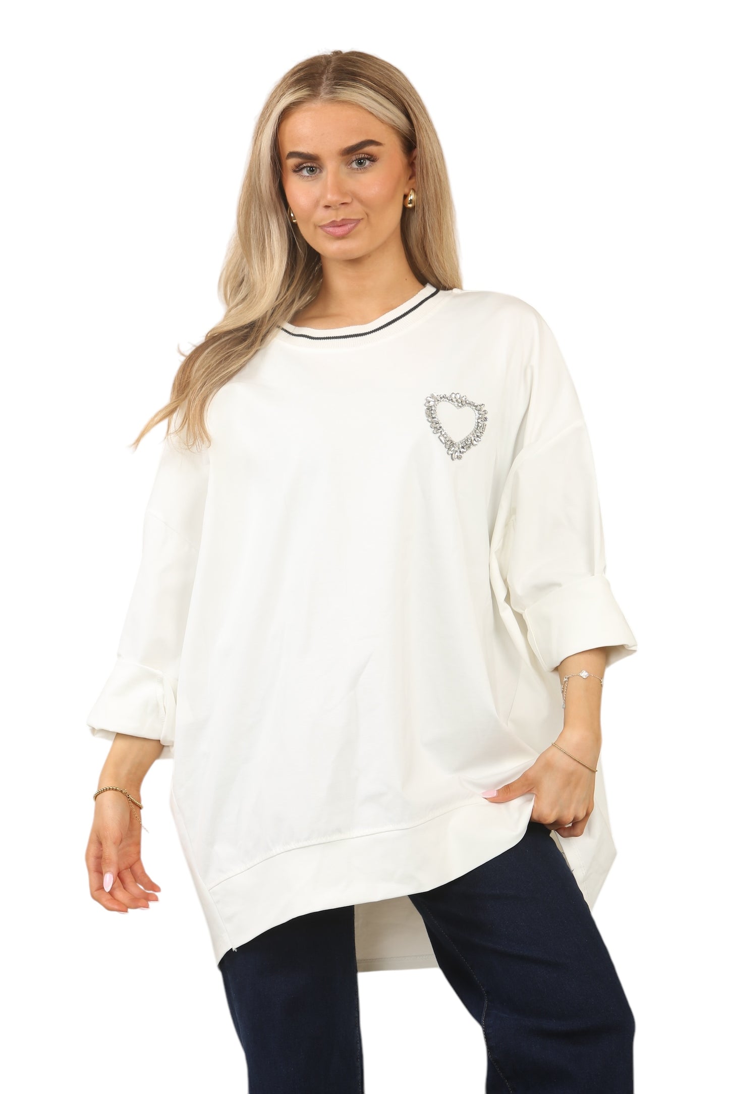 Contrast cotton sweatshirt with left side Beautiful Heart