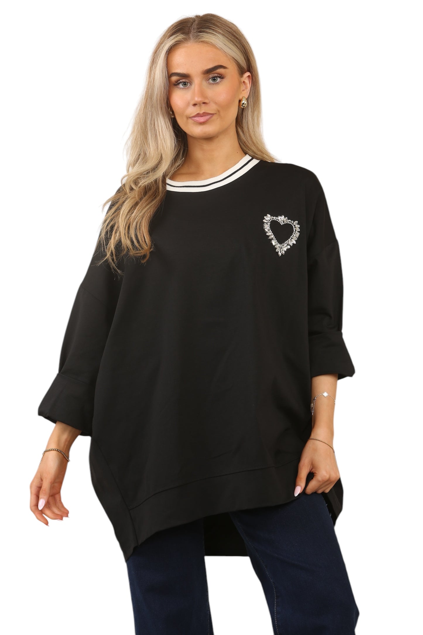 Contrast cotton sweatshirt with left side Beautiful Heart