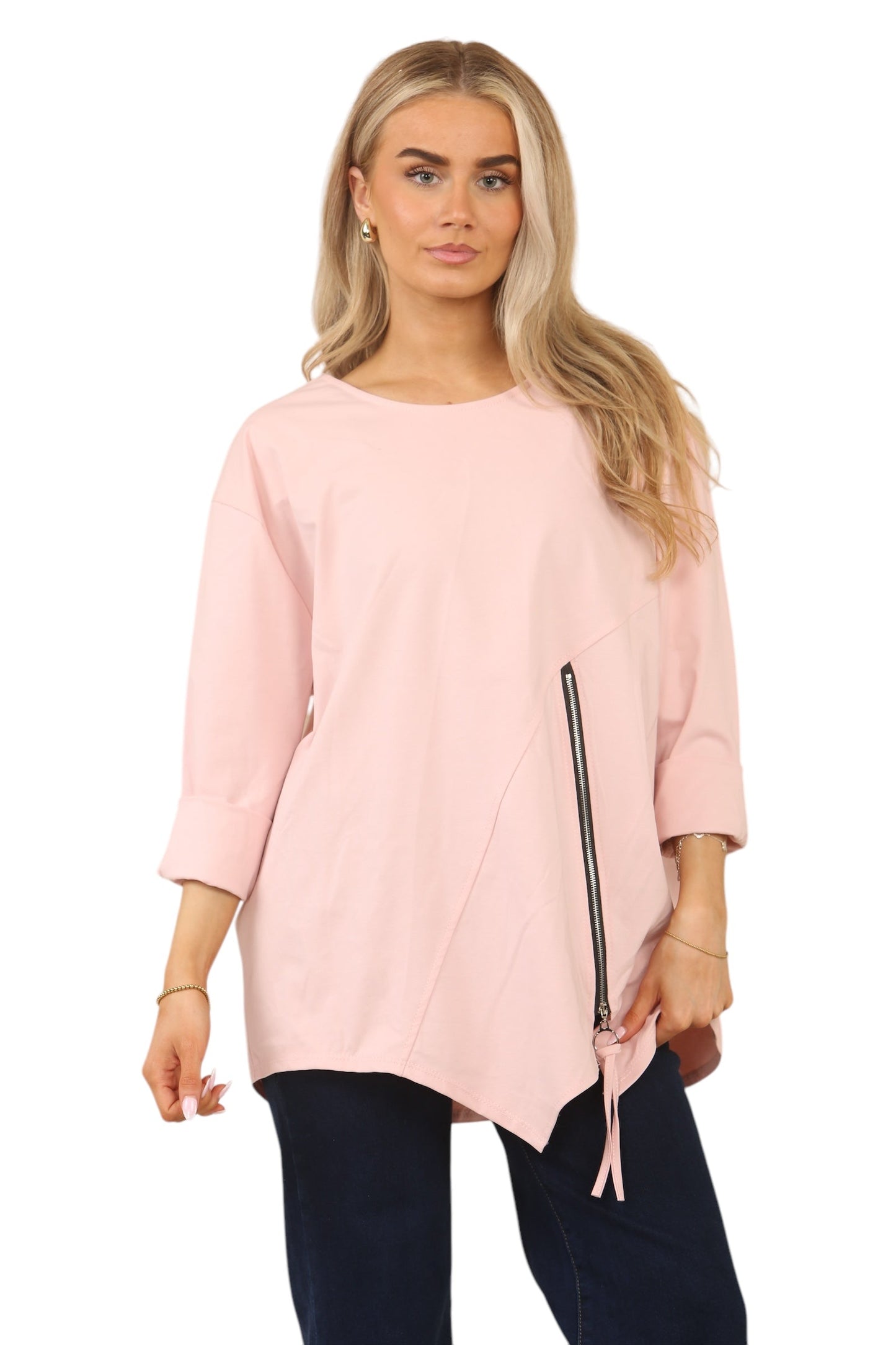Plus Size Solid Color Round Neck Zip-Up Casual Versatile Long Sleeve T-Shirt
