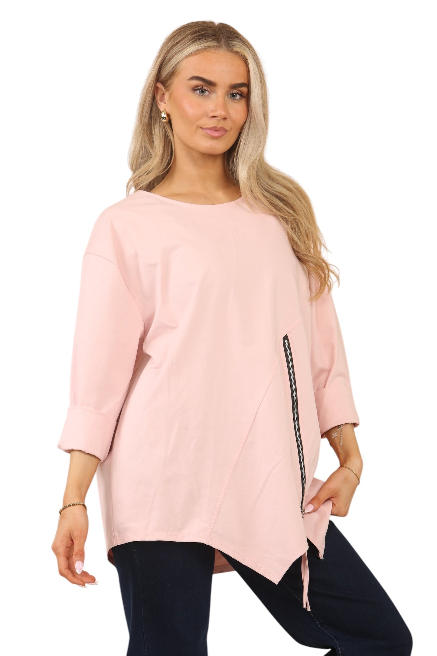Plus Size Solid Color Round Neck Zip-Up Casual Versatile Long Sleeve T-Shirt