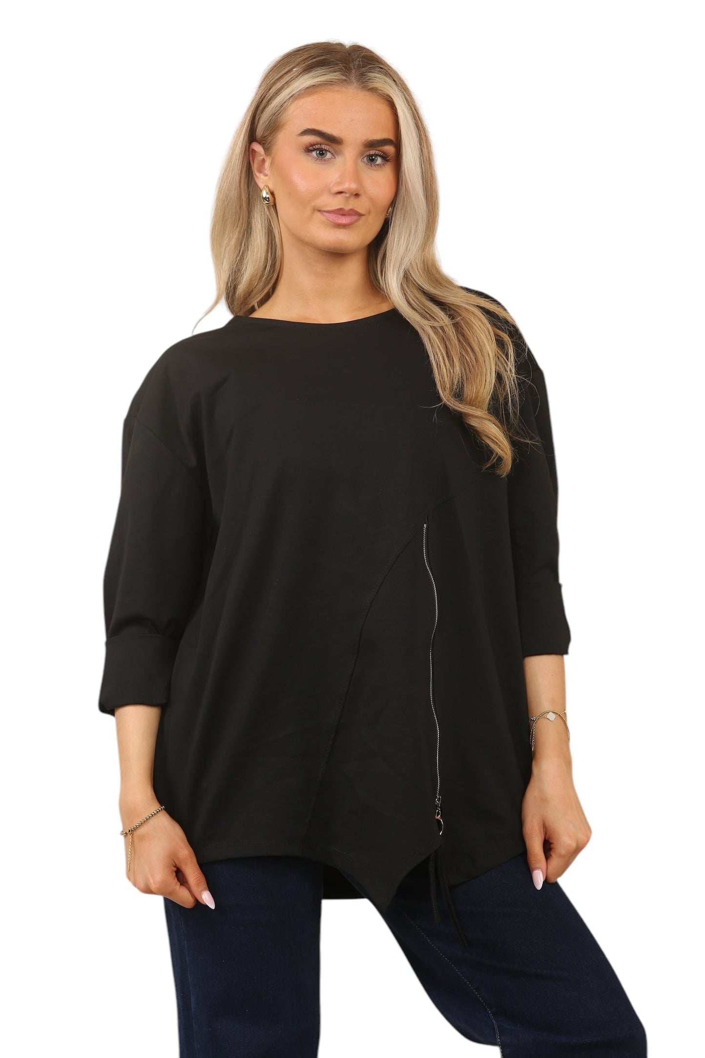 Plus Size Solid Color Round Neck Zip-Up Casual Versatile Long Sleeve T-Shirt