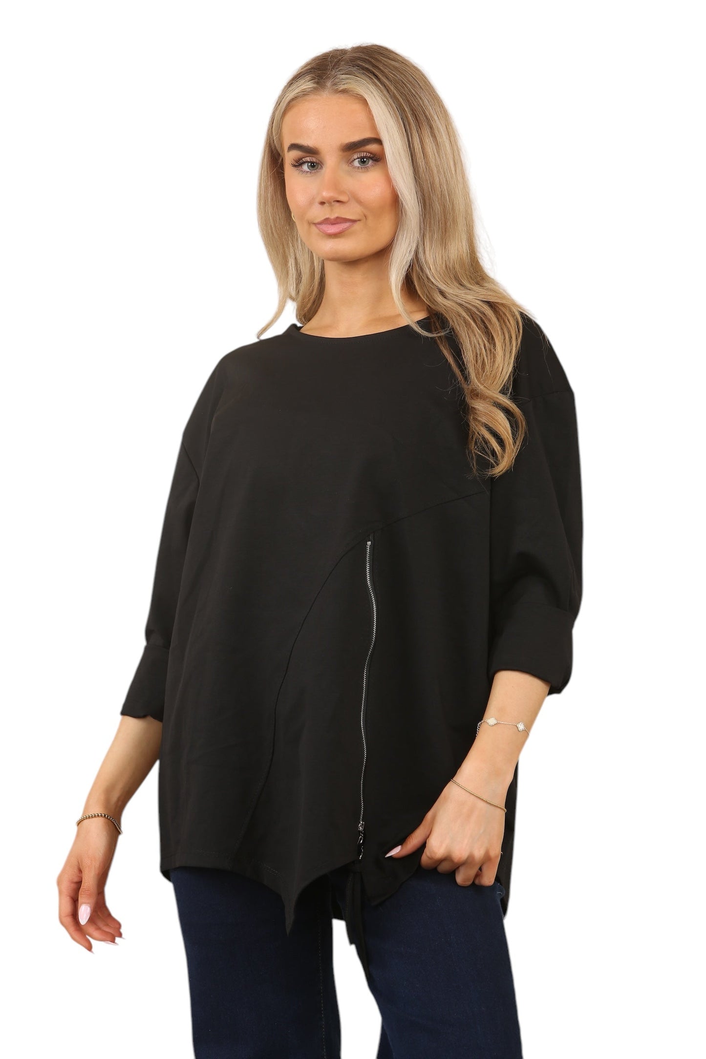 Plus Size Solid Color Round Neck Zip-Up Casual Versatile Long Sleeve T-Shirt