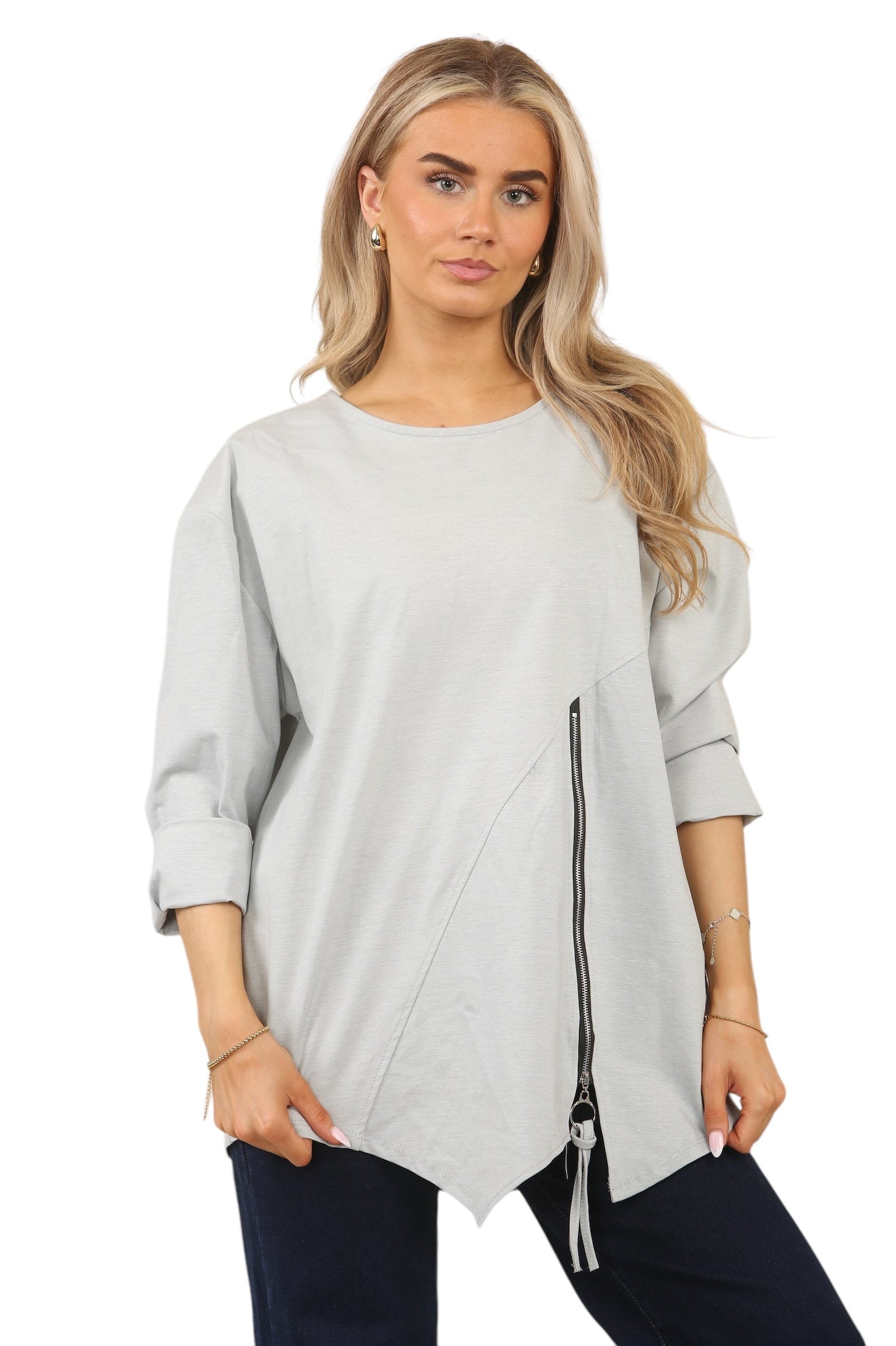 Plus Size Solid Color Round Neck Zip-Up Casual Versatile Long Sleeve T-Shirt