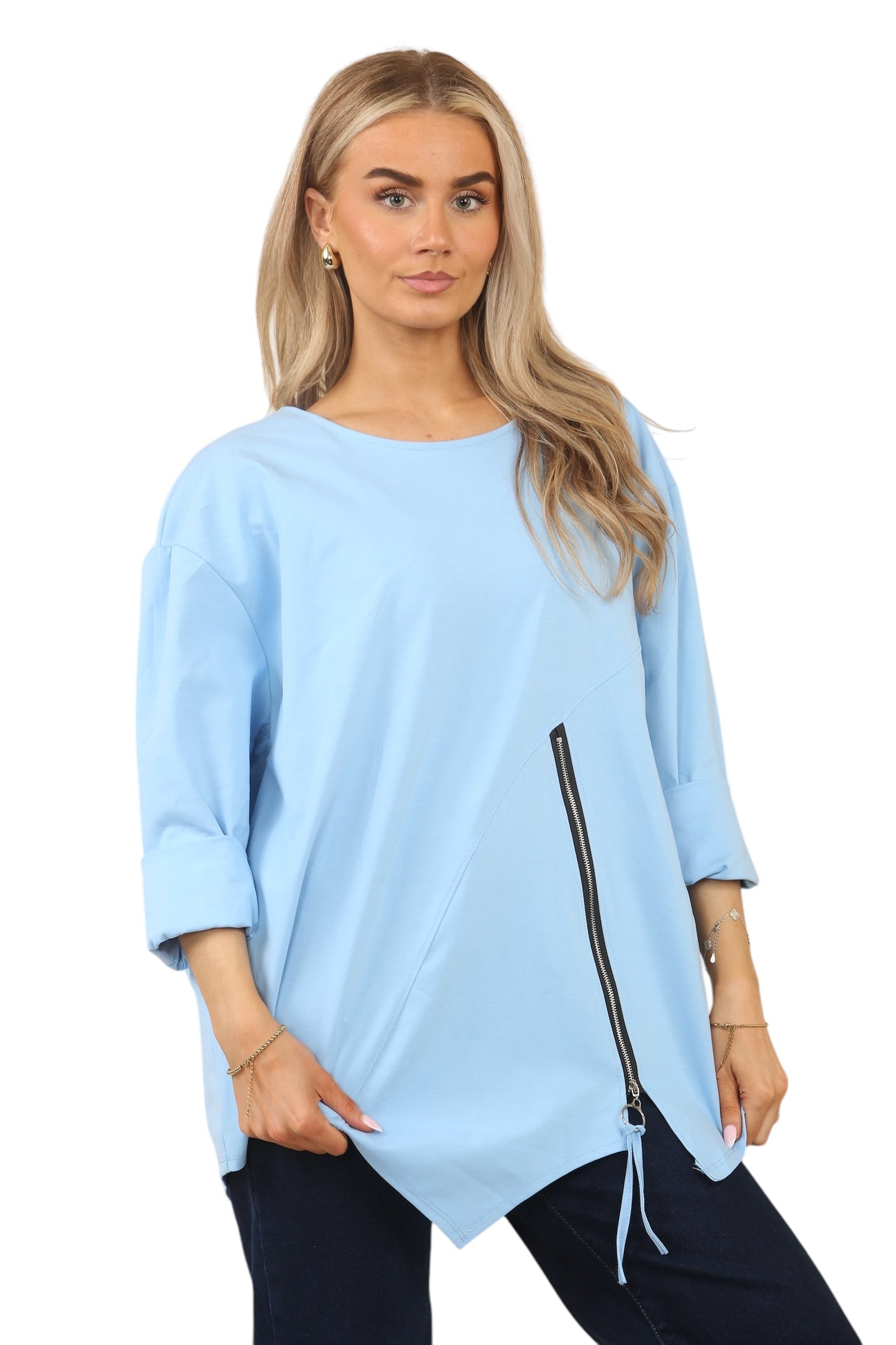 Plus Size Solid Color Round Neck Zip-Up Casual Versatile Long Sleeve T-Shirt
