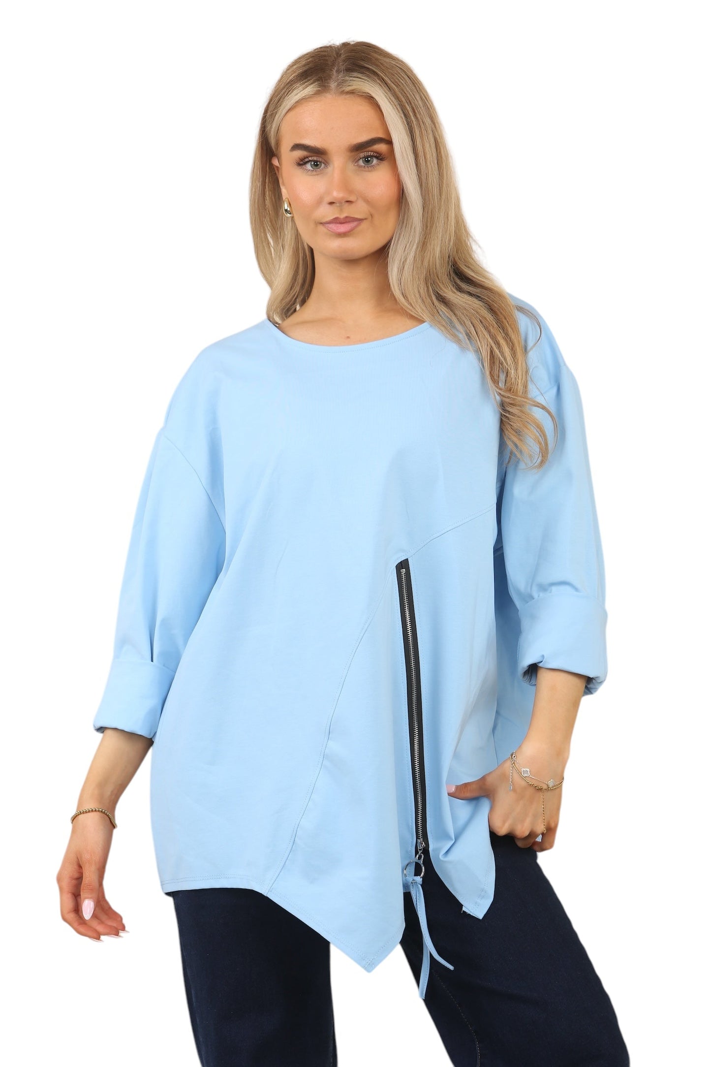 Plus Size Solid Color Round Neck Zip-Up Casual Versatile Long Sleeve T-Shirt