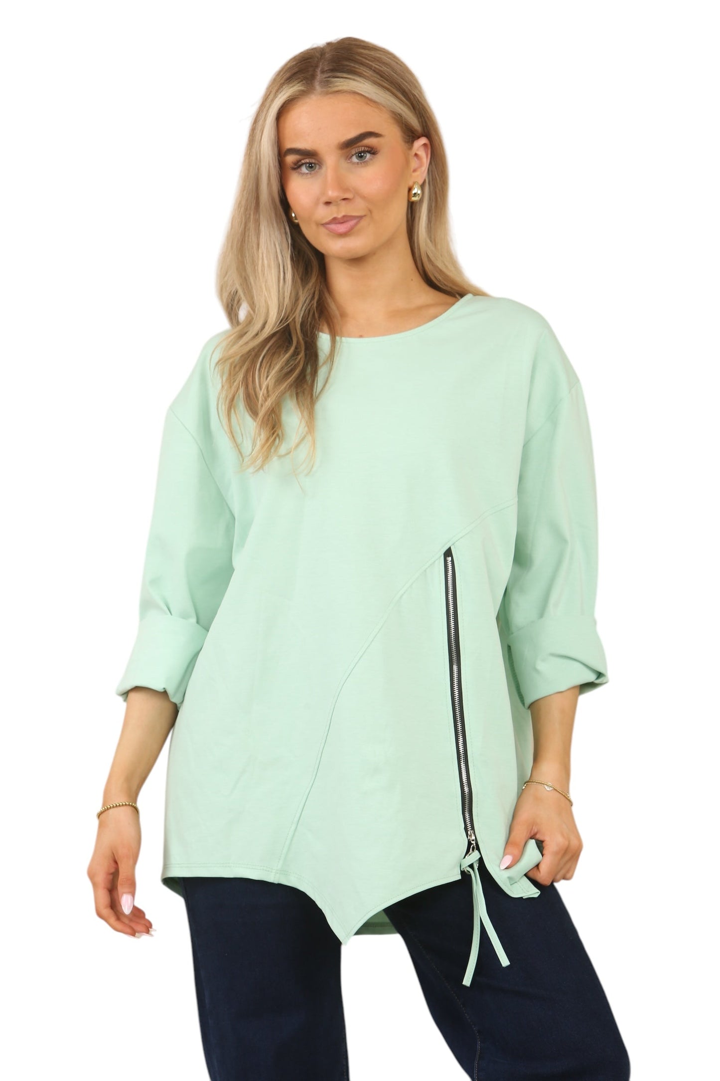 Plus Size Solid Color Round Neck Zip-Up Casual Versatile Long Sleeve T-Shirt