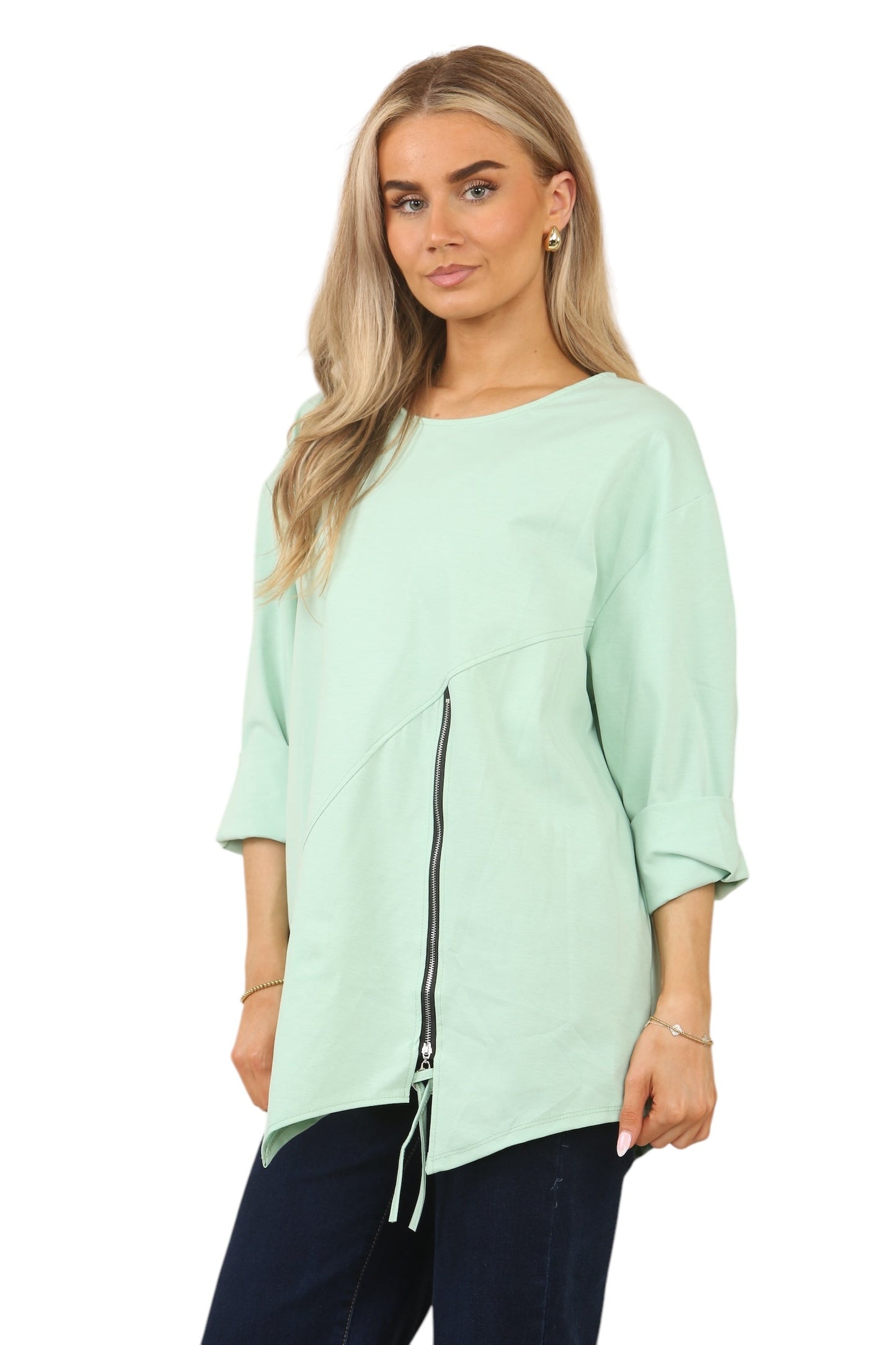Plus Size Solid Color Round Neck Zip-Up Casual Versatile Long Sleeve T-Shirt