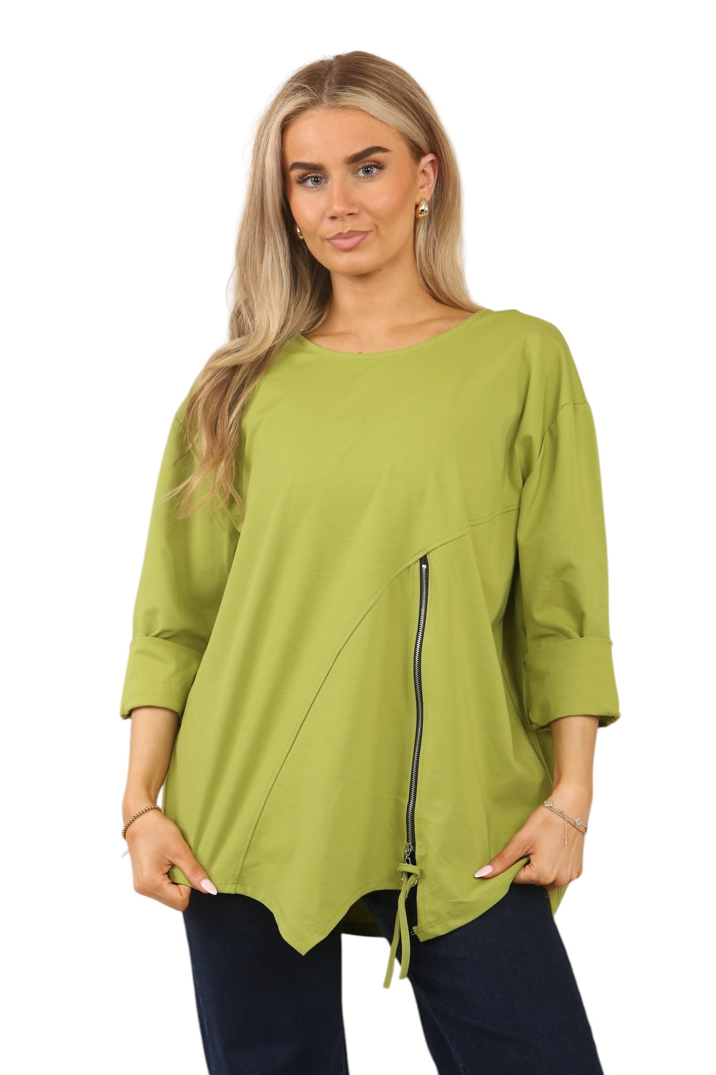 Plus Size Solid Color Round Neck Zip-Up Casual Versatile Long Sleeve T-Shirt