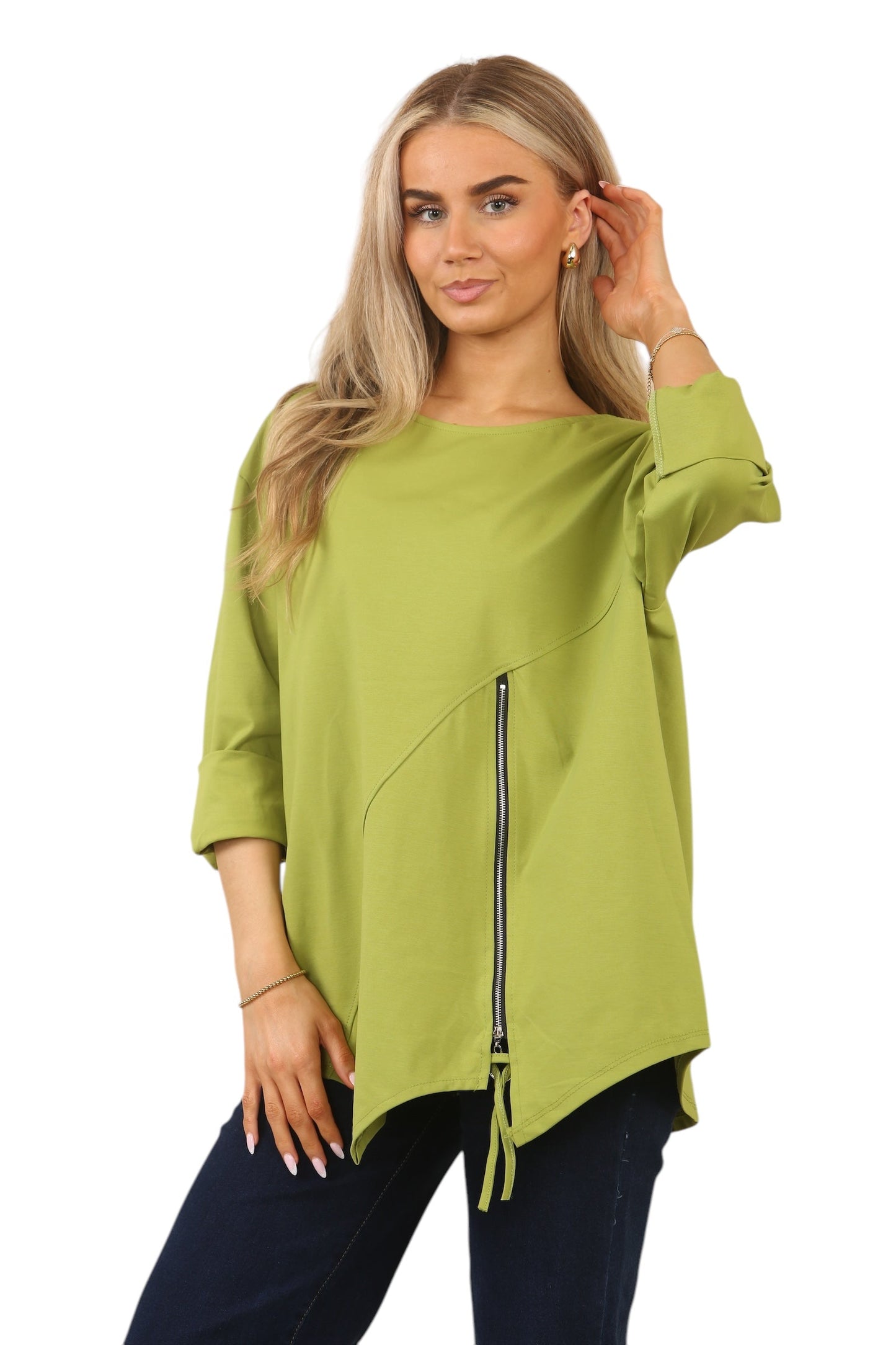 Plus Size Solid Color Round Neck Zip-Up Casual Versatile Long Sleeve T-Shirt