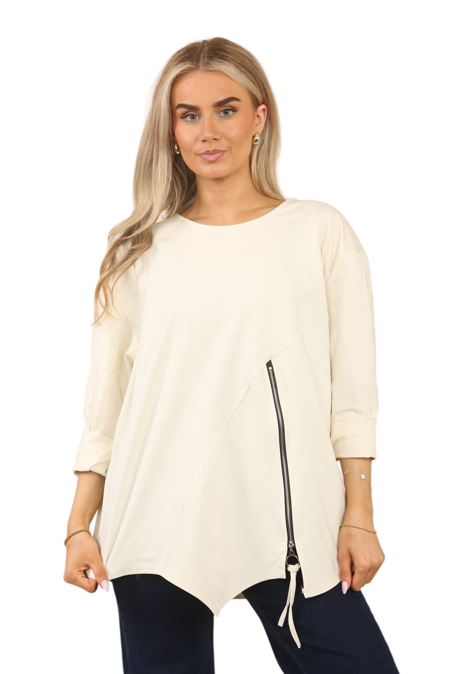 Plus Size Solid Color Round Neck Zip-Up Casual Versatile Long Sleeve T-Shirt