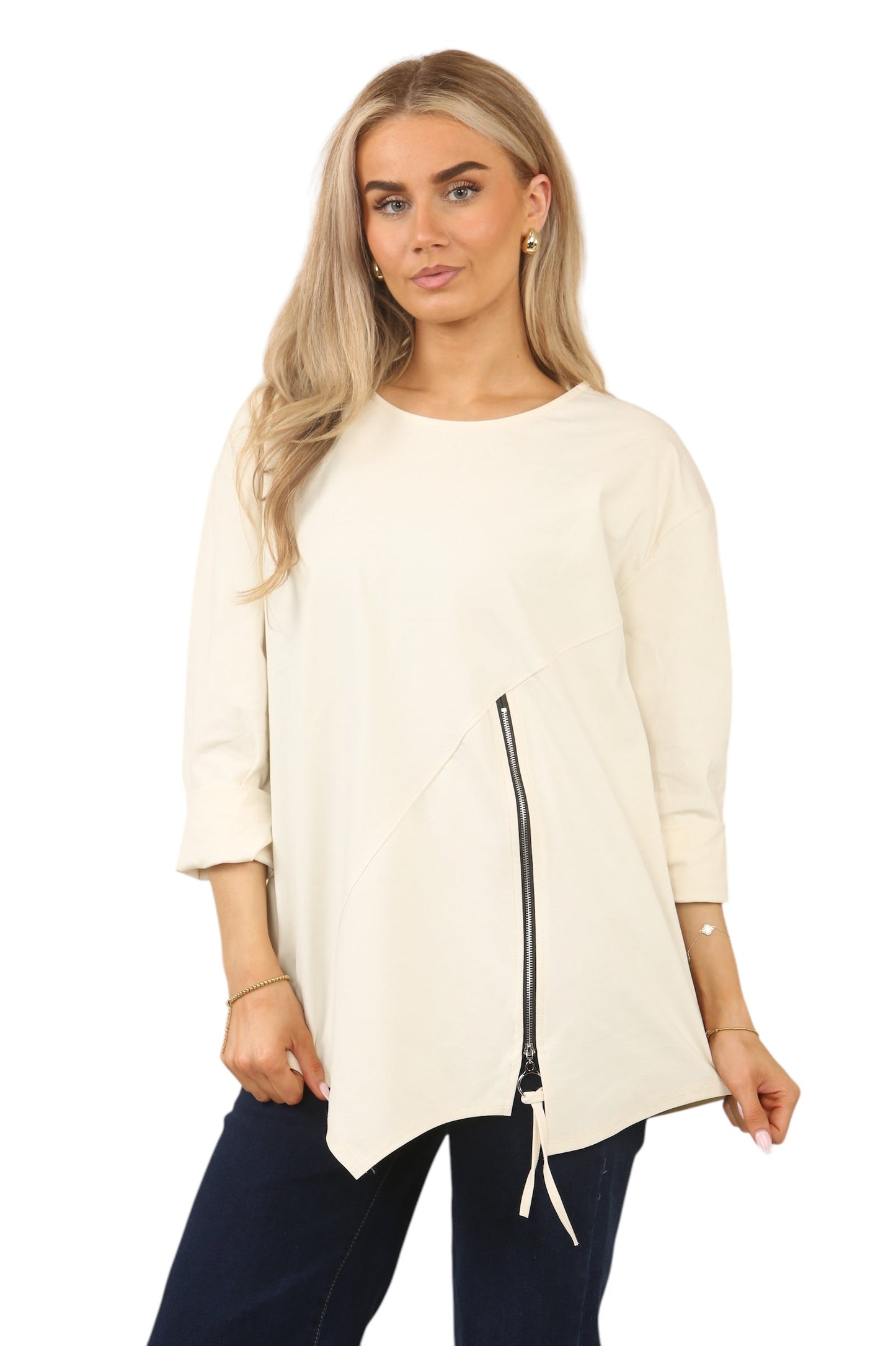Plus Size Solid Color Round Neck Zip-Up Casual Versatile Long Sleeve T-Shirt