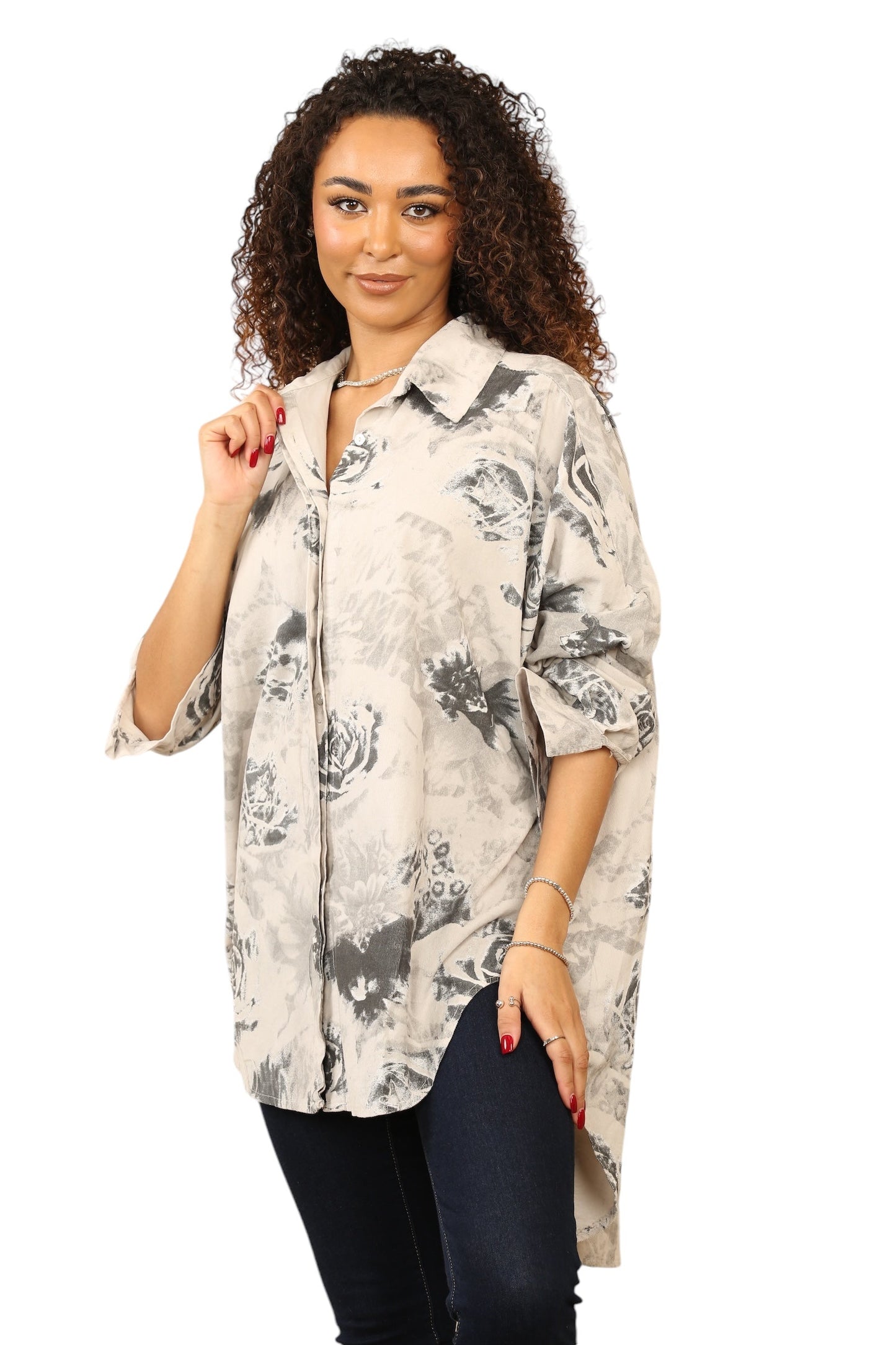High Low Needle cord over size Button Shirt