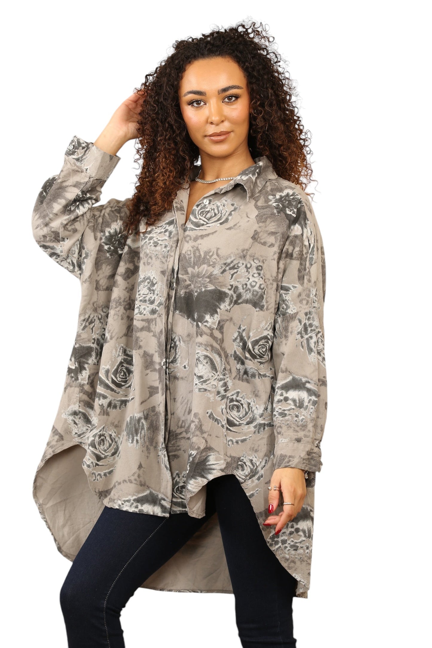 High Low Needle cord over size Button Shirt