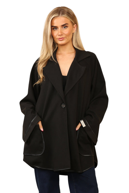 Single button jacket with black cuff and pockets trim