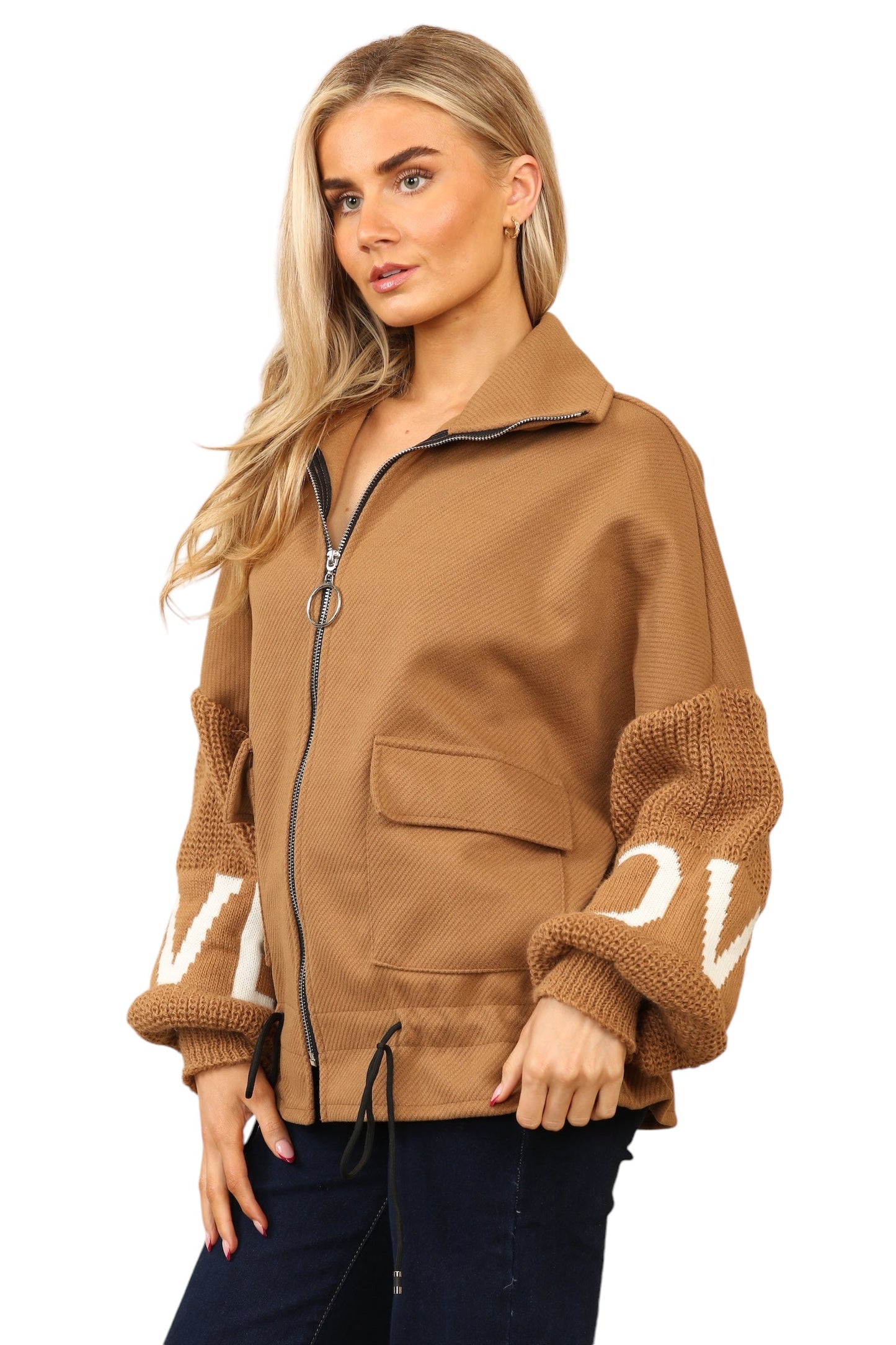 Short waisted knitted sleeve jacket
